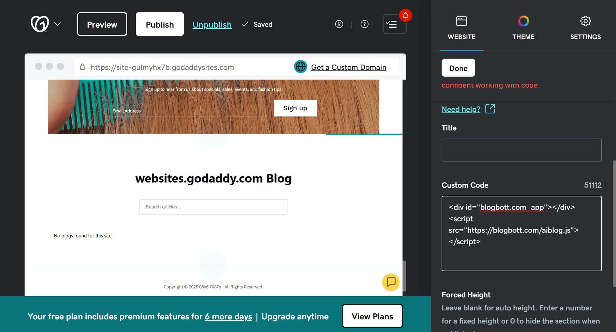 Pasting the BlogBott embed code into GoDaddy HTML section