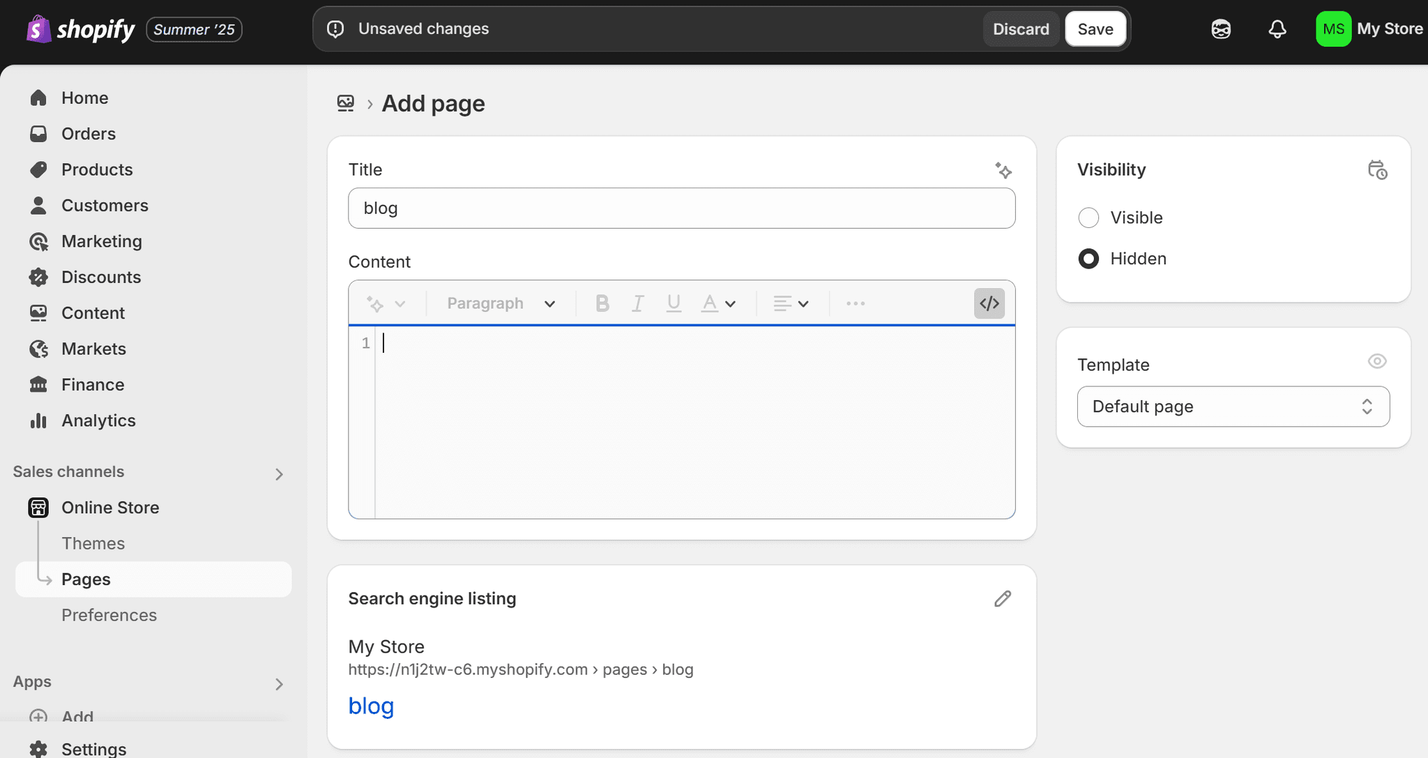 Selecting the Custom HTML block in Shopify theme editor
